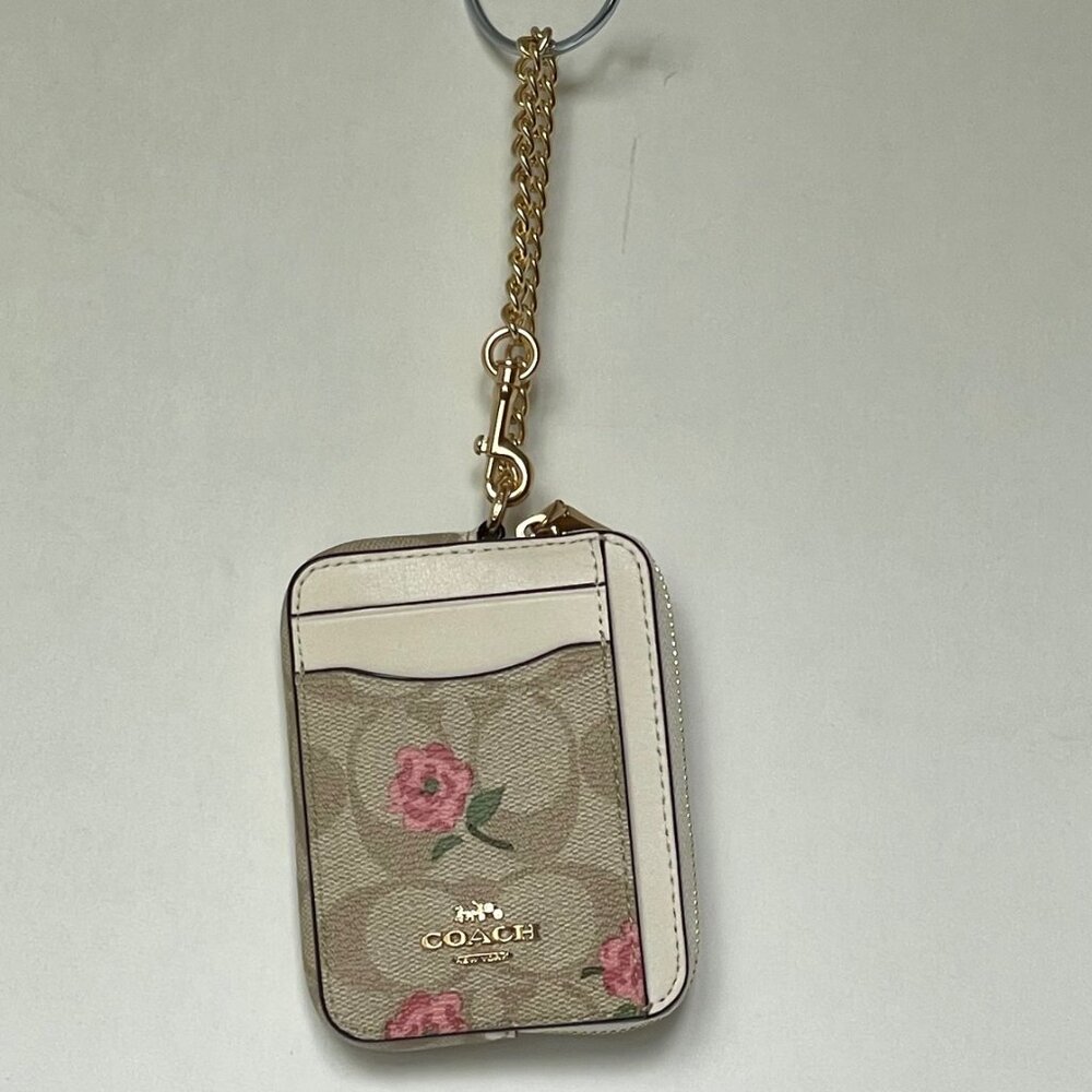 Coach Zip Card Case Pink Floral CR971 ID Wallet Beige Canvas Leather Chain Strap - Picture 5 of 7